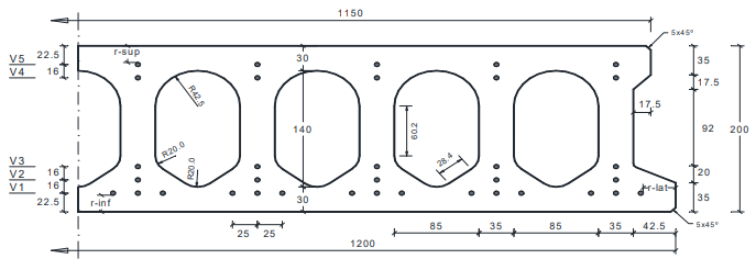 Plano técnico de la placa pretensada P-200